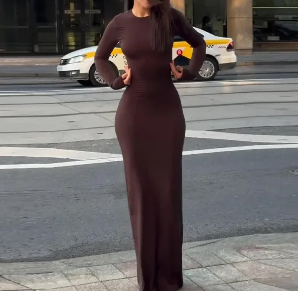 Robe Longue Femme, Slim Fit, Col Rond, Manches Longues