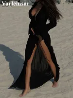 robe longue femme col V volants